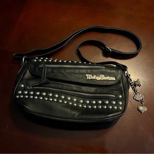 Harley-Davidson black leather purse with adjustable strap studs zippers clutch